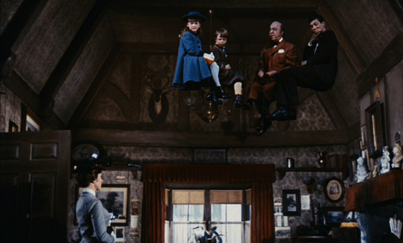 The Banks children float near the ceiling with Uncle Arthur and Bert.