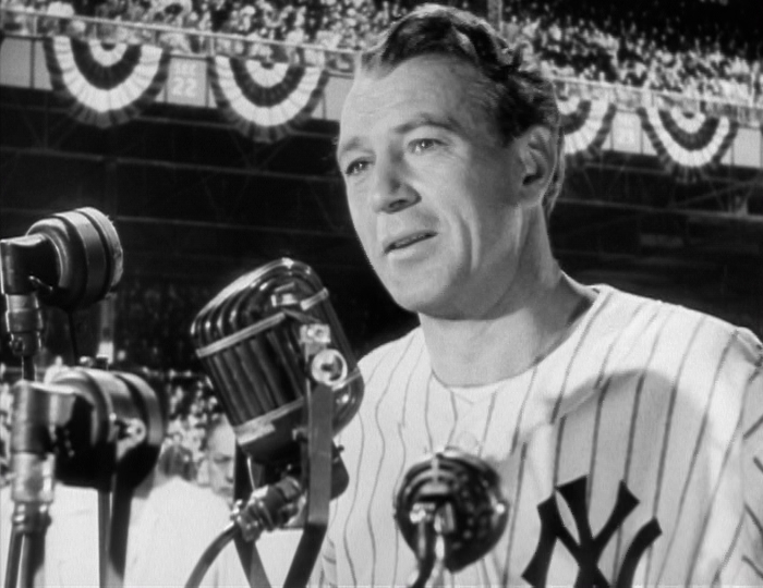 Gary Cooper as Lou Gehrig addresses a cheering crowd at Yankee Stadium in The Pride of the Yankees.