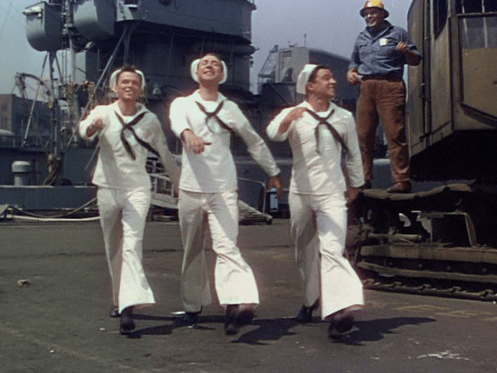 Frank Sinatra, Jules Munshin, Gene Kelly start off on their New York adventure in "On the Town"